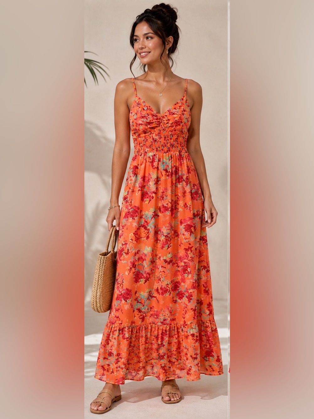 Mystree Orange Floral Smocked Maxi Dress NWT Size Small